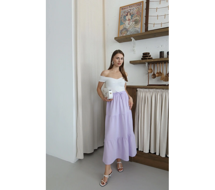 Müslin kumaş keten uzun etek lila pt
