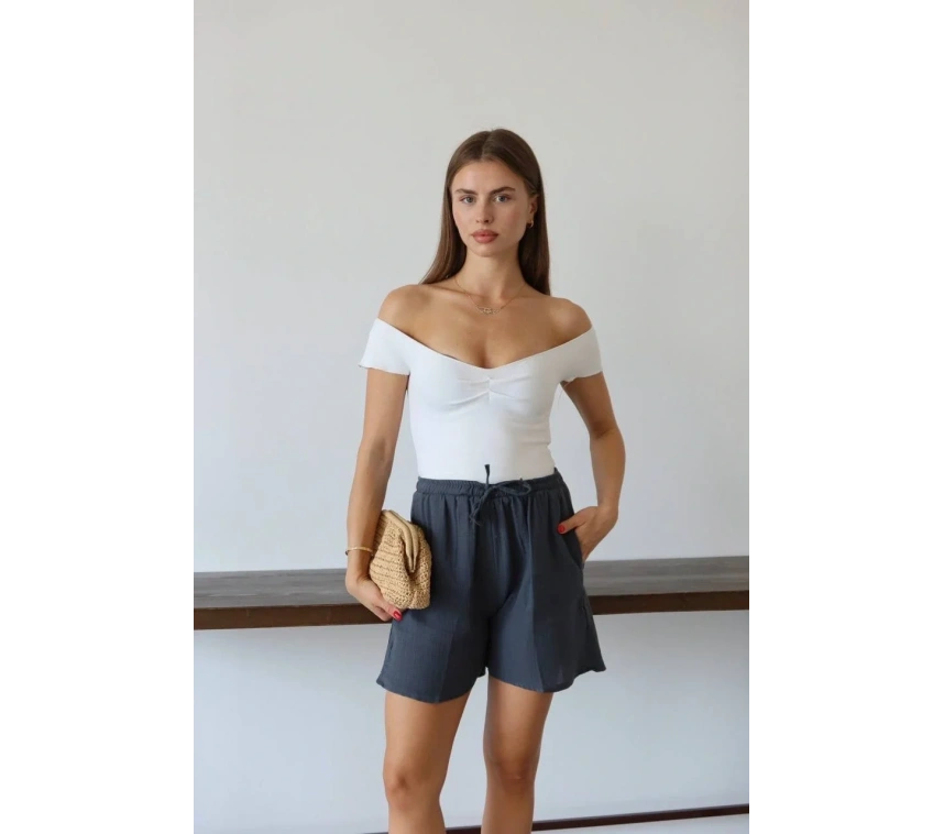 Müslin kumaş şort bağcıklı antrasit pt