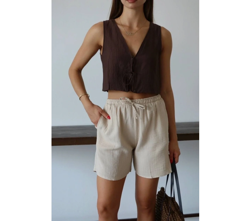 Müslin kumaş şort bağcıklı bej pt