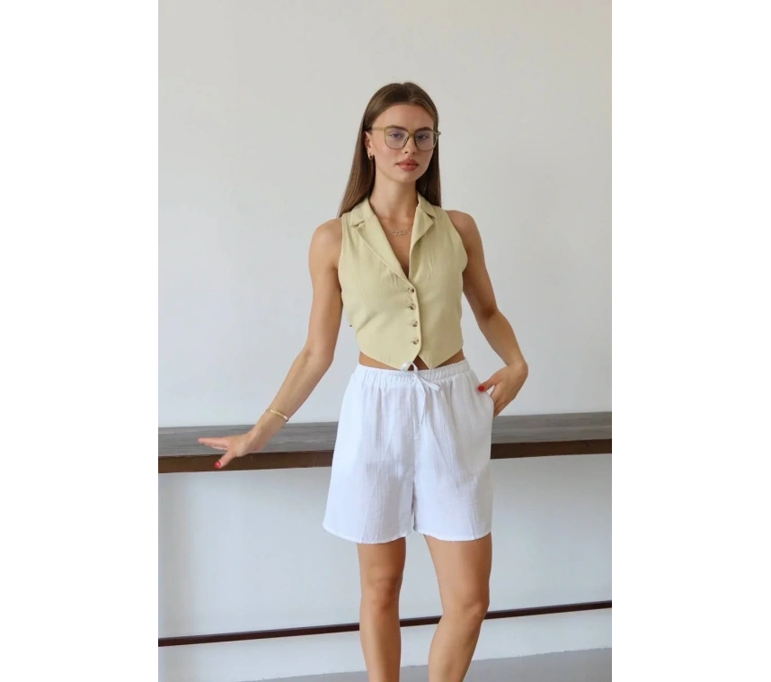 Müslin kumaş şort bağcıklı beyaz pt