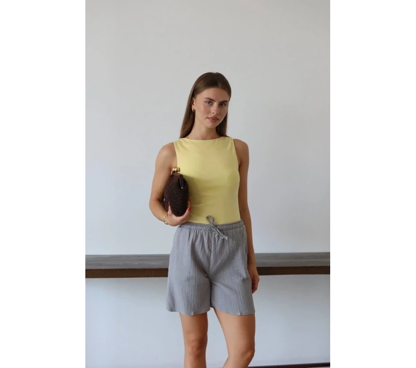 Müslin kumaş şort bağcıklı gri pt