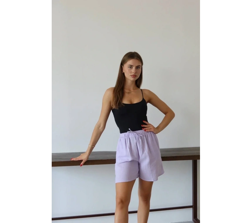 Müslin kumaş şort bağcıklı lila pt