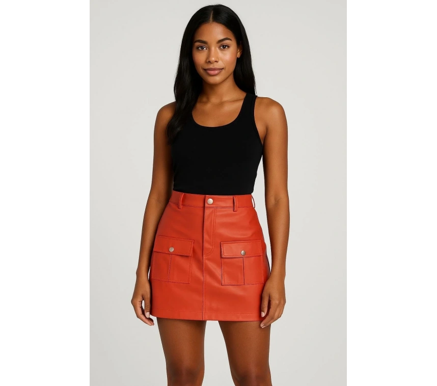 Önden iki cepli deri etek turuncu h240040