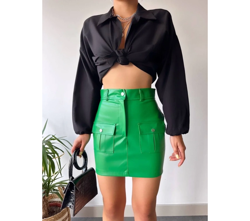 Önden iki cepli deri etek yeşil h240040