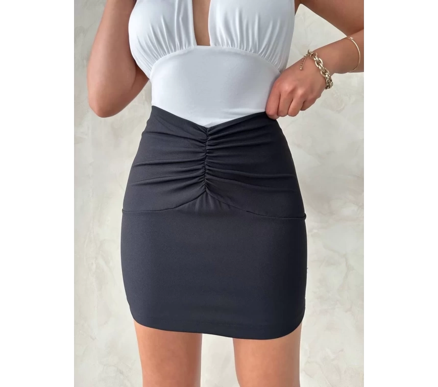 Önü büzgülü etek siyah s24222