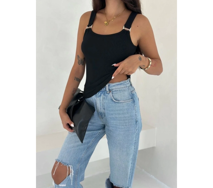 Ottoman toka askılı bluz siyah s4194