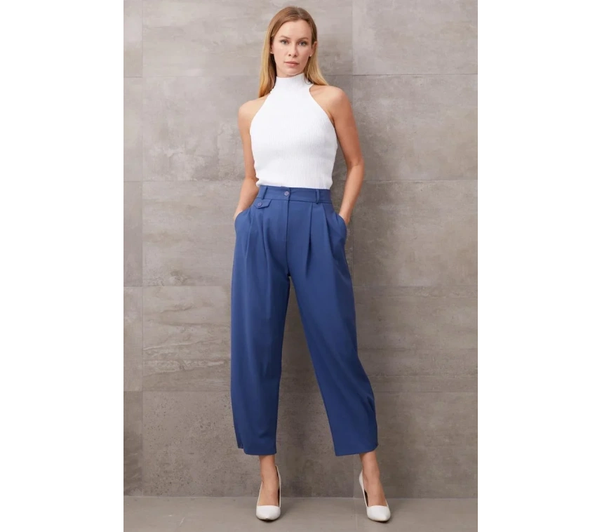 Paçası Düğmeli Yüksek Bel Pantolon