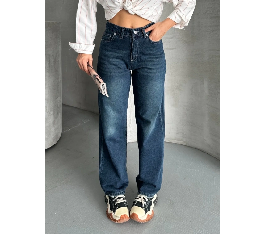 Palazzo bıyık enzim yıkama jeans pantolon koyu mavi