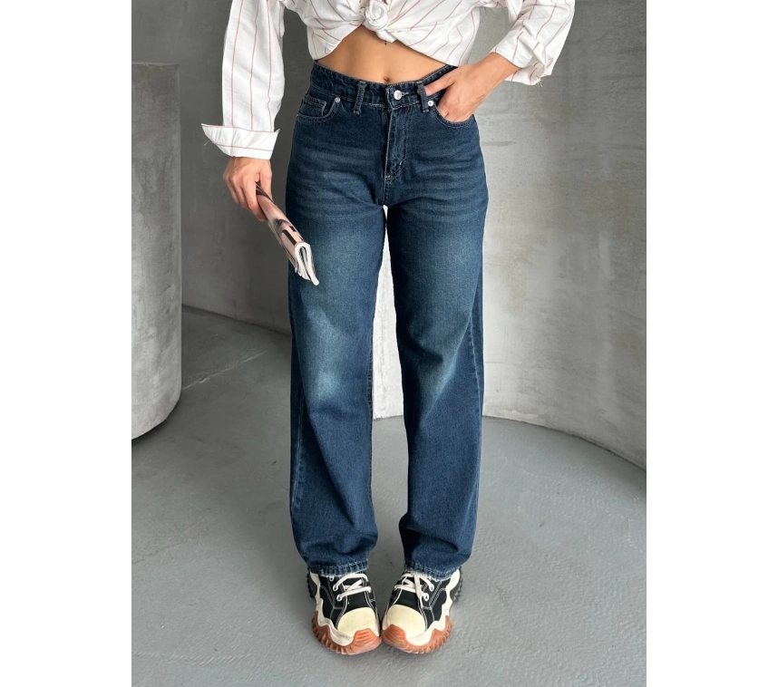 Palazzo bıyık enzim yıkama jeans pantolon koyu mavi d2008
