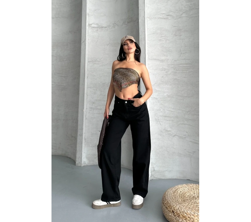 Palazzo straight enzim süper taş yıkama jeans pantolon siyah