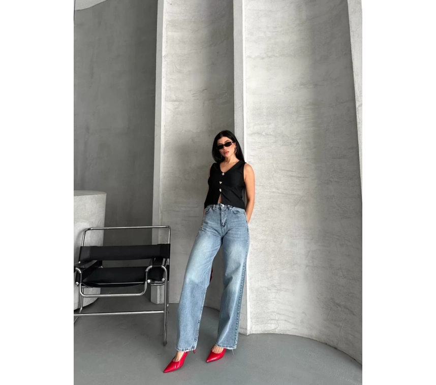 Palazzo straight kar yıkama jeans pantolon mavi d2008