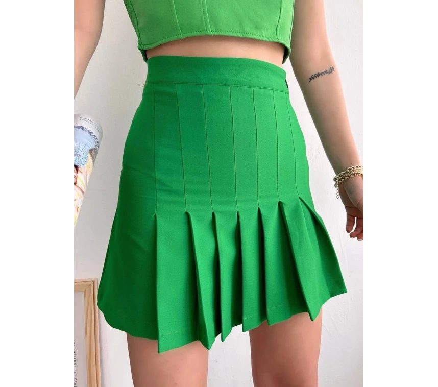 Pileli düğmeli etek açık yeşil s24811