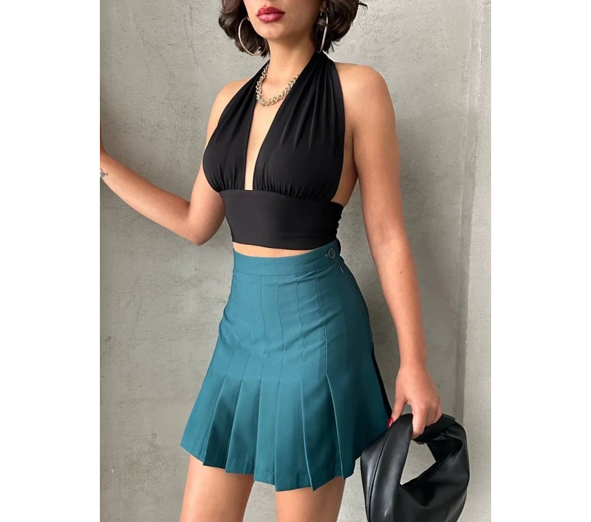 Pileli düğmeli etek yeşil s24811