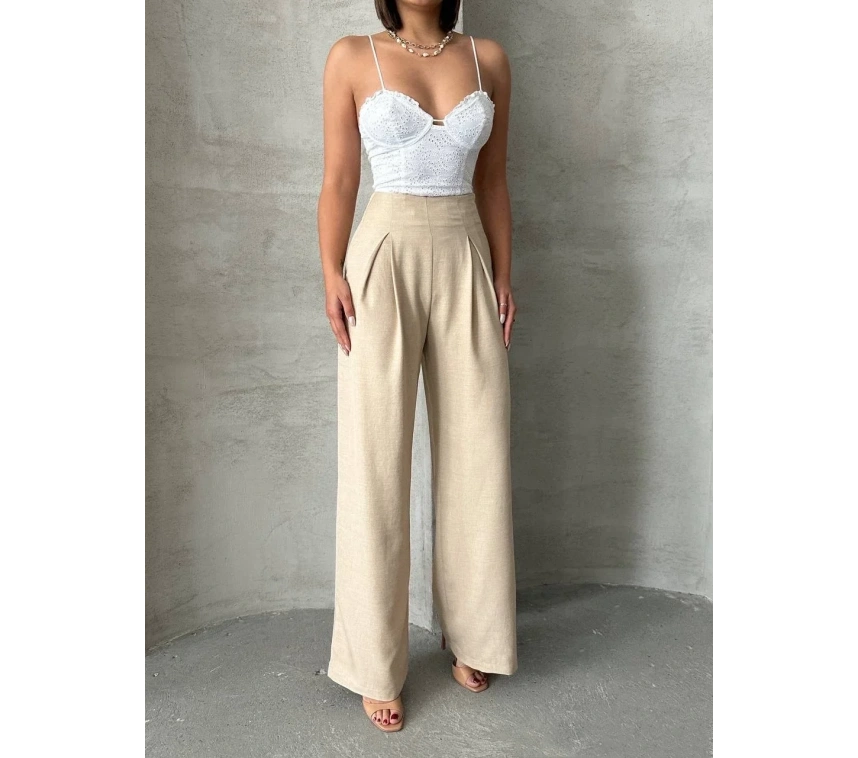 Pileli keten pantolon s255046
