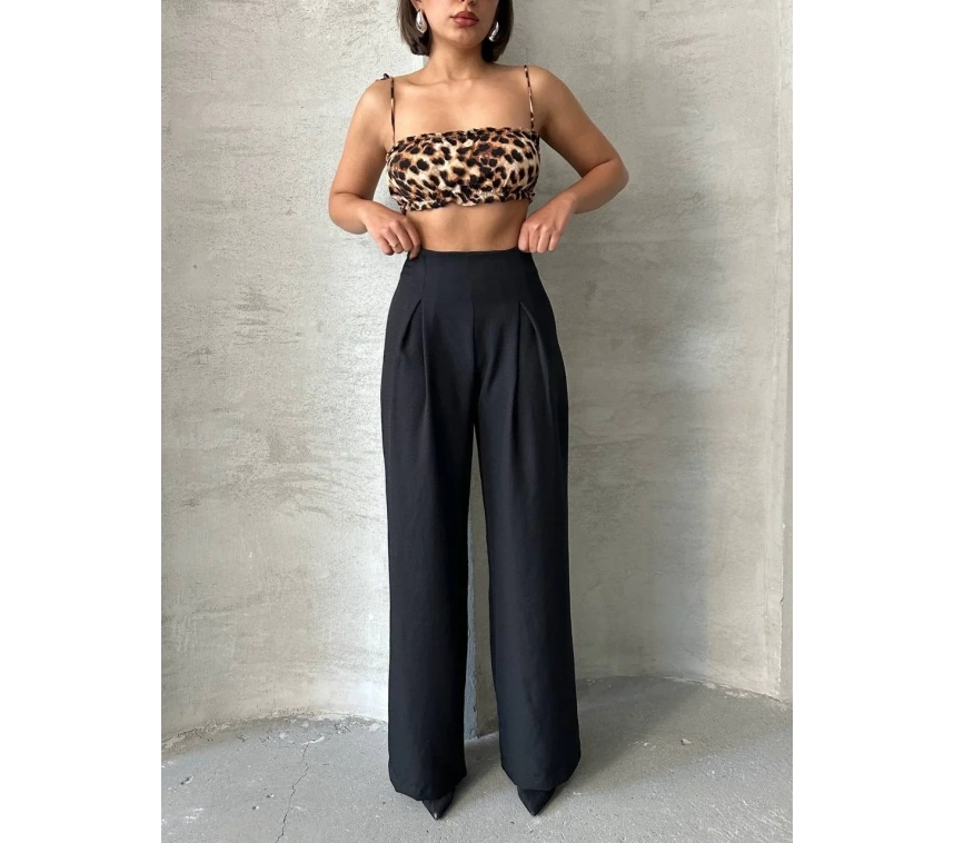 Pileli keten pantolon s255046