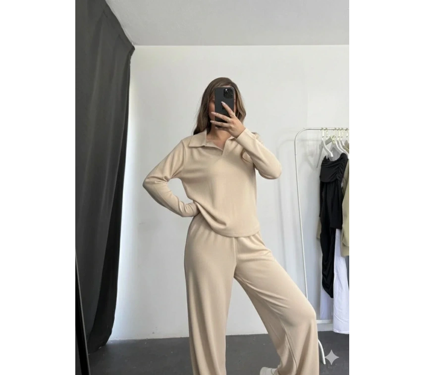 Polo yaka alt üst kollu modal takım bej pt