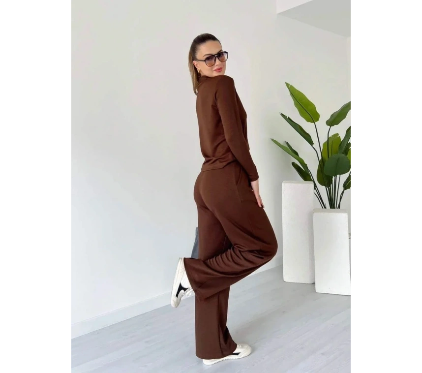 Polo yaka alt üst kollu modal takım kahve pt