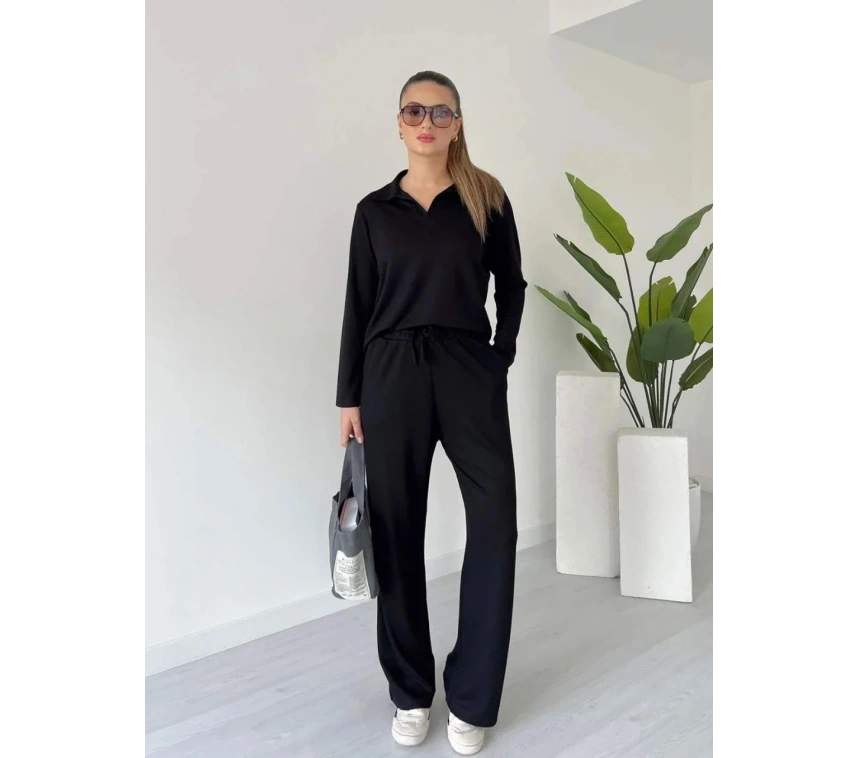 Polo yaka alt üst kollu modal takım siyah pt