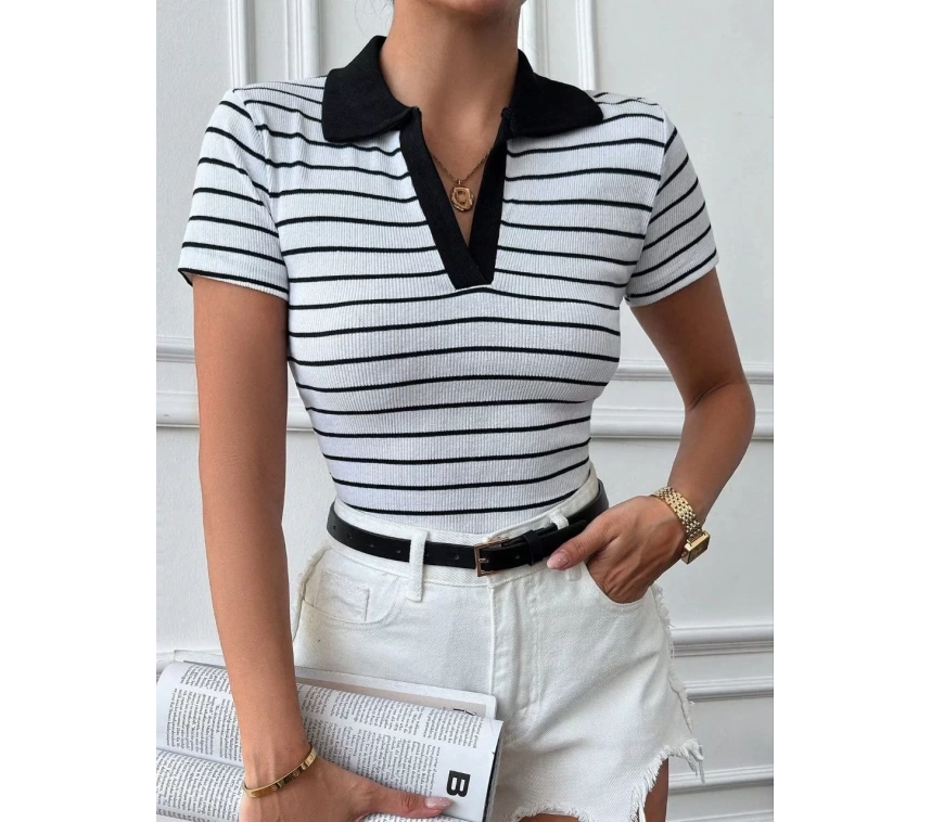 Polo yaka garnili bluz Beyazsiyah