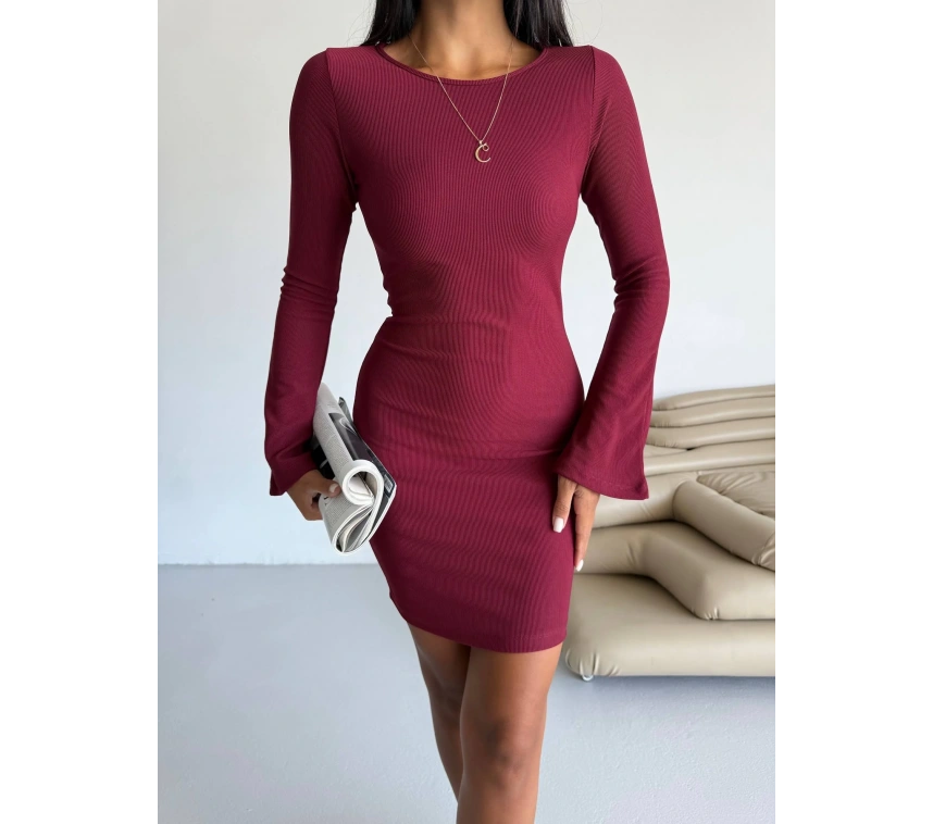 Prenses kol esnek kumaş elbise bordo