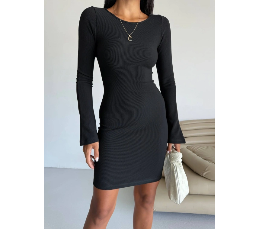 Prenses kol esnek kumaş elbise siyah