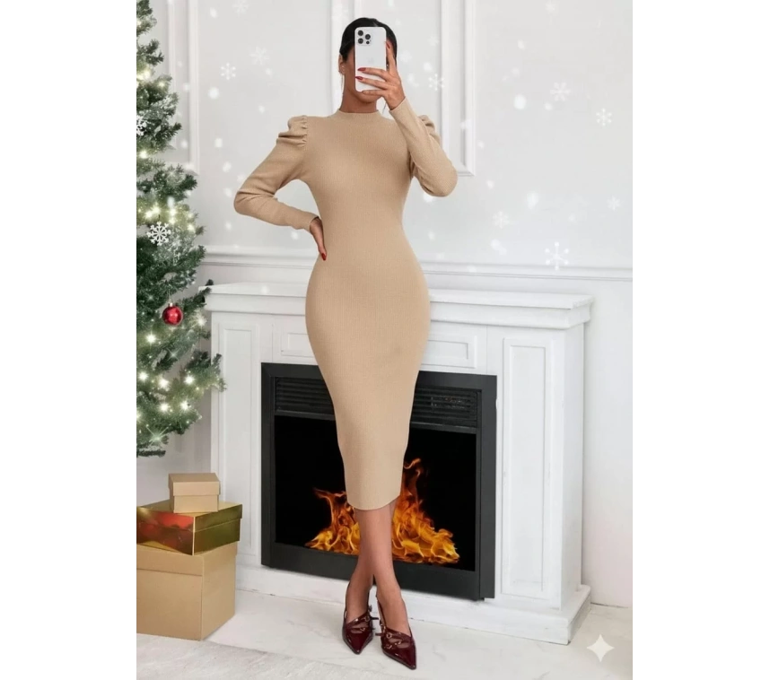 Prenses kol kaşkorse elbise bej a3691