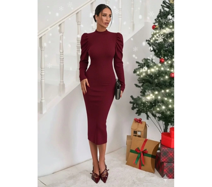 Prenses kol kaşkorse elbise bordo a3691