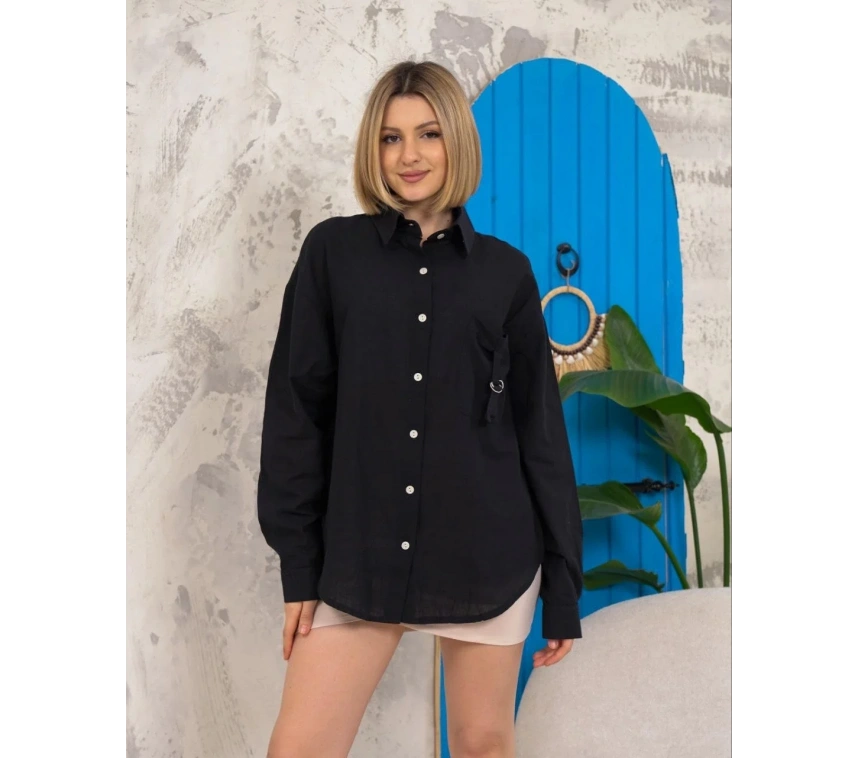 Relax fit keten gömlek siyah s255349