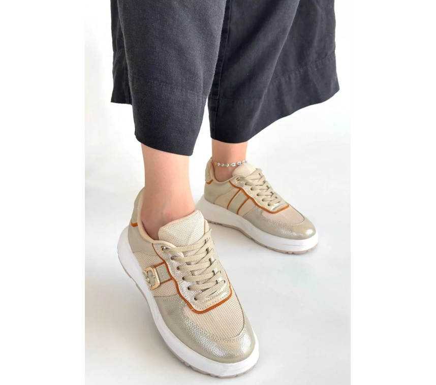 Tanwe Bej Cilt Bağcıklı Spor Ayakkabı