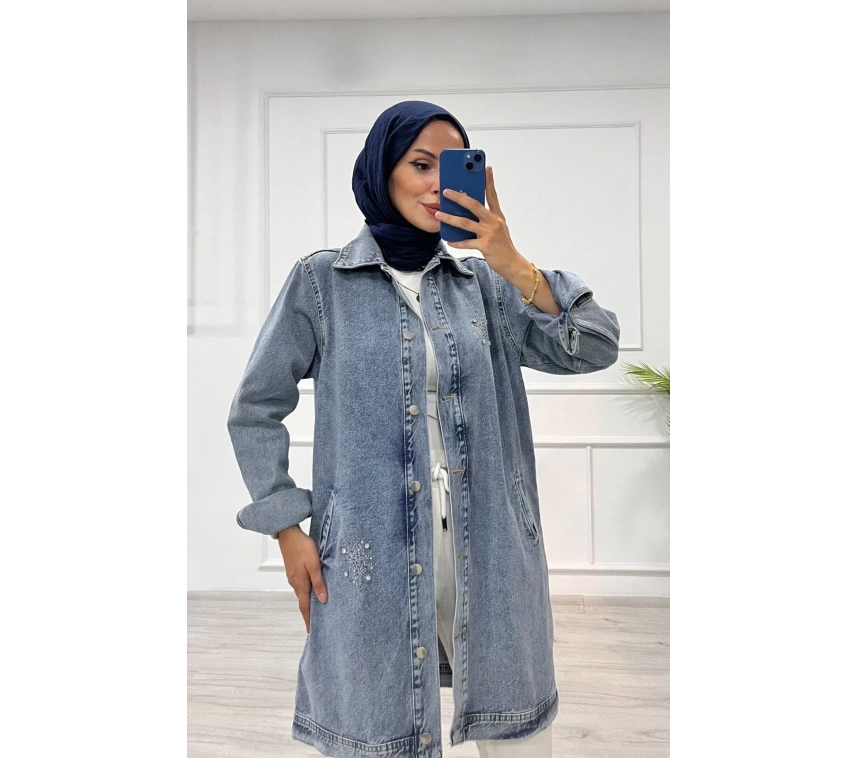 Taşlı tunik ceket kar yıkama orta mavi