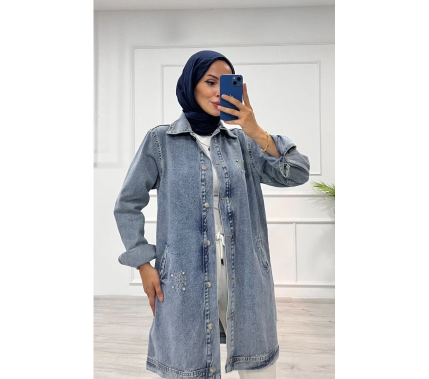 Taşlı tunik ceket kar yıkama orta mavi d2516