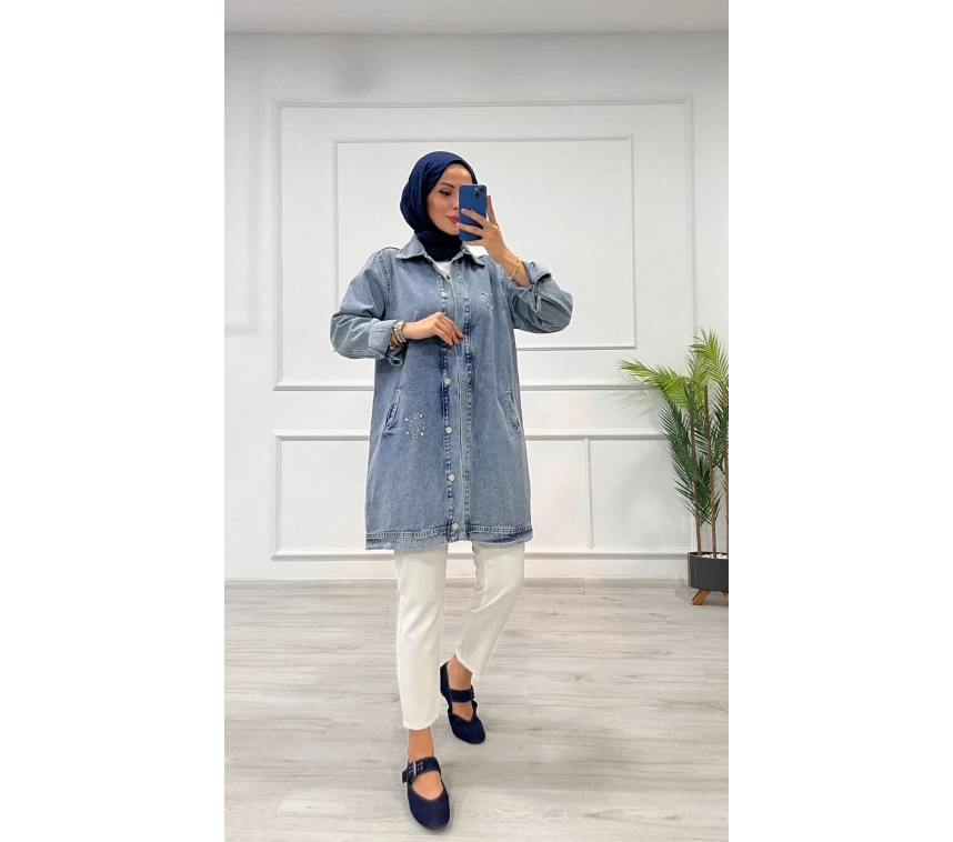 Taşlı tunik ceket kar yıkamalı mavi
