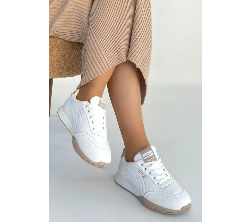 Tawen Beyaz Cilt Bağcıklı Spor Ayakkabı