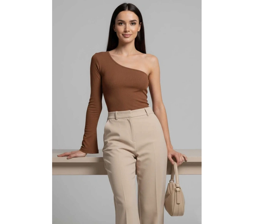 Tek Omuzlu Basic Bluz kahve