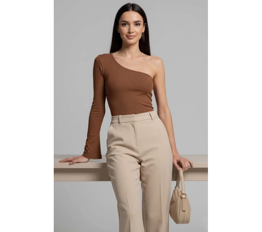 Tek Omuzlu Basic Bluz kahve T4275