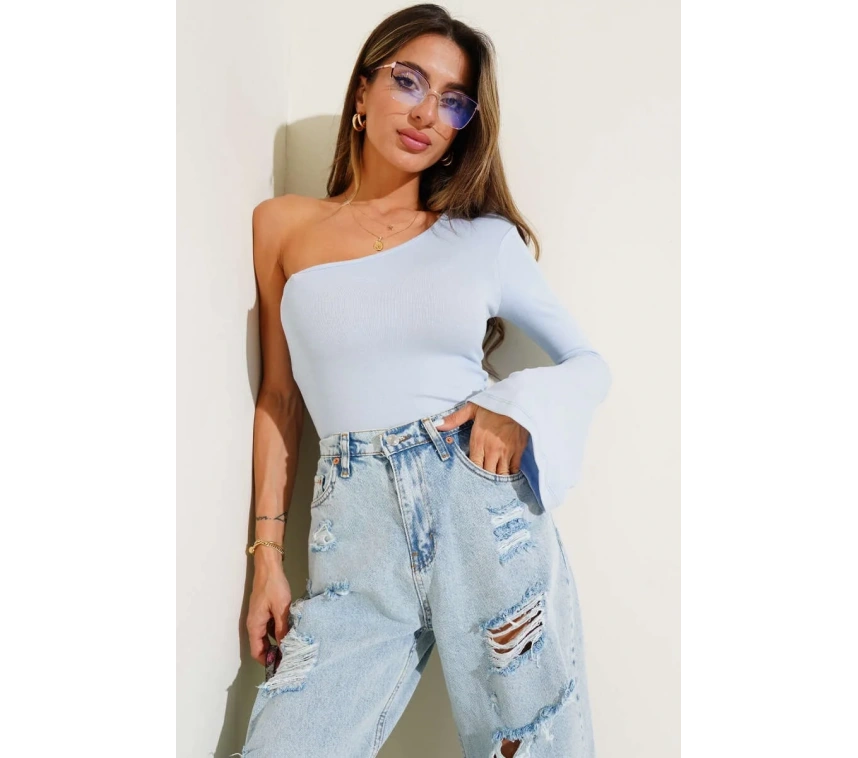 Tek Omuzlu Basic Bluz Mavi