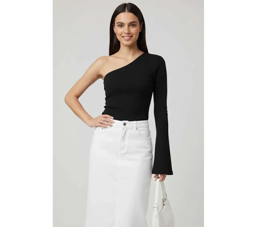 Tek Omuzlu Basic Bluz Siyah