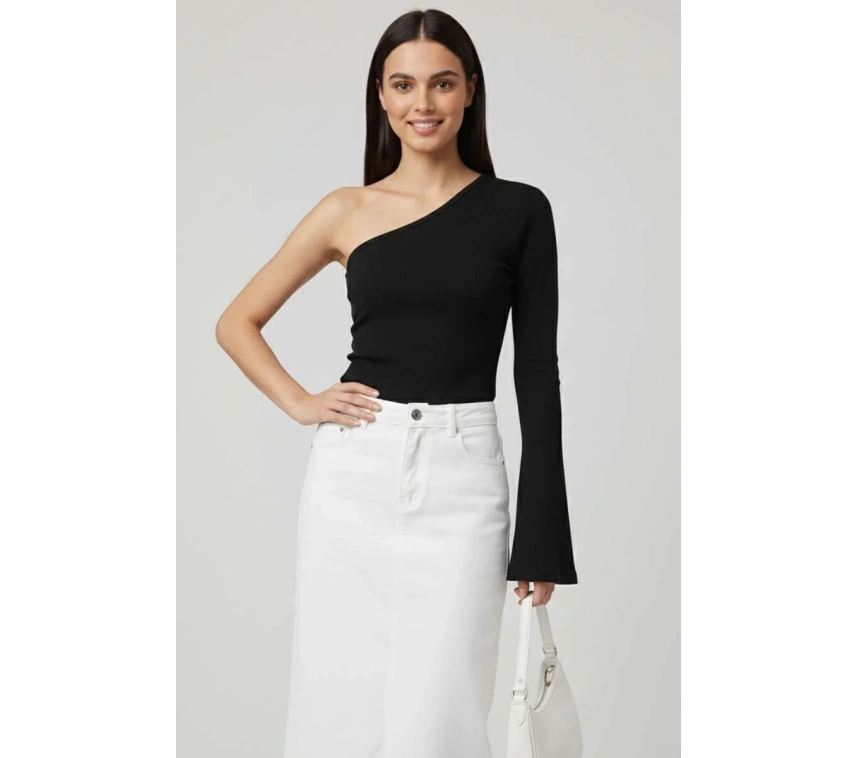 Tek Omuzlu Basic Bluz Siyah T4275