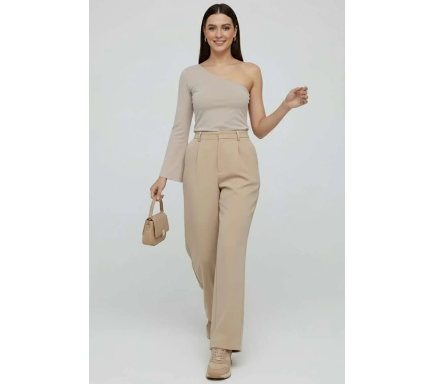 Tek Omuzlu Basic Bluz Vizon