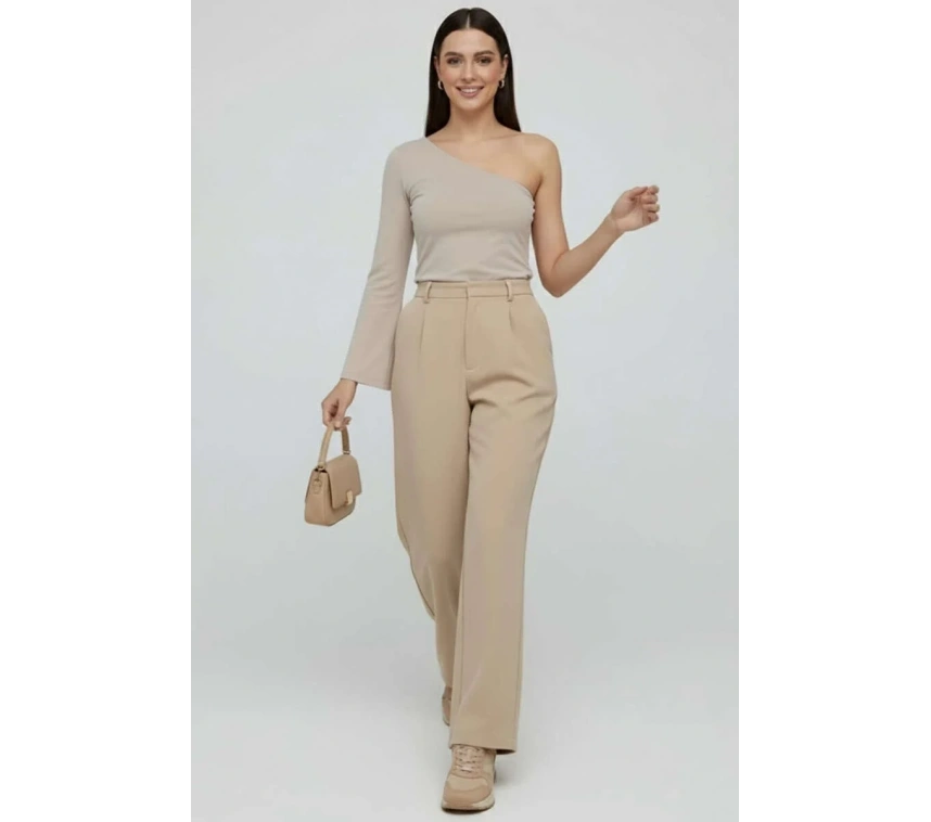 Tek Omuzlu Basic Bluz Vizon T4275