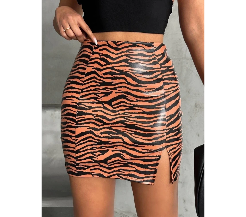 Tek yırtmaçlı zebra desenli deri etek kahvesiyah w24475-S