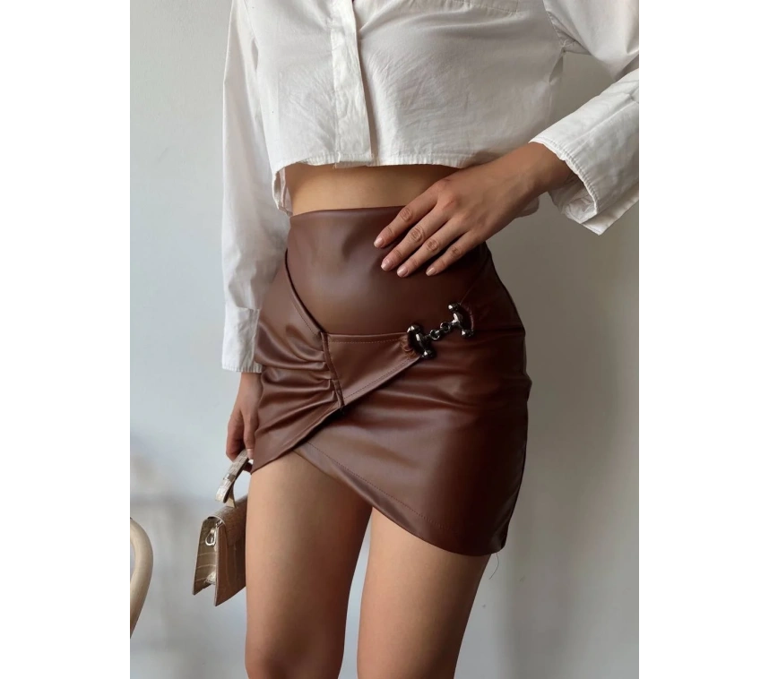 Tokalı deri etek kahve