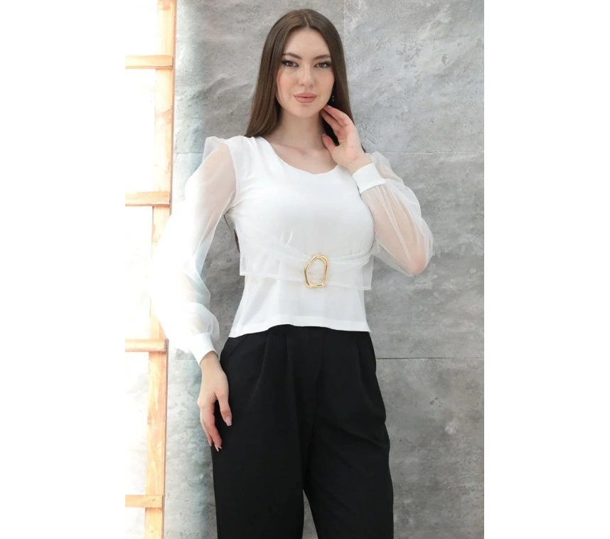 Tokalı tül kollu bluz beyaz t4071