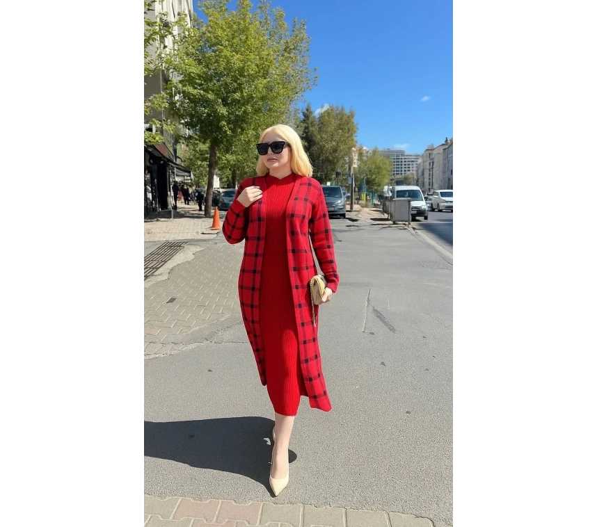 Triko Hırka elbise ikili takım kırmızı