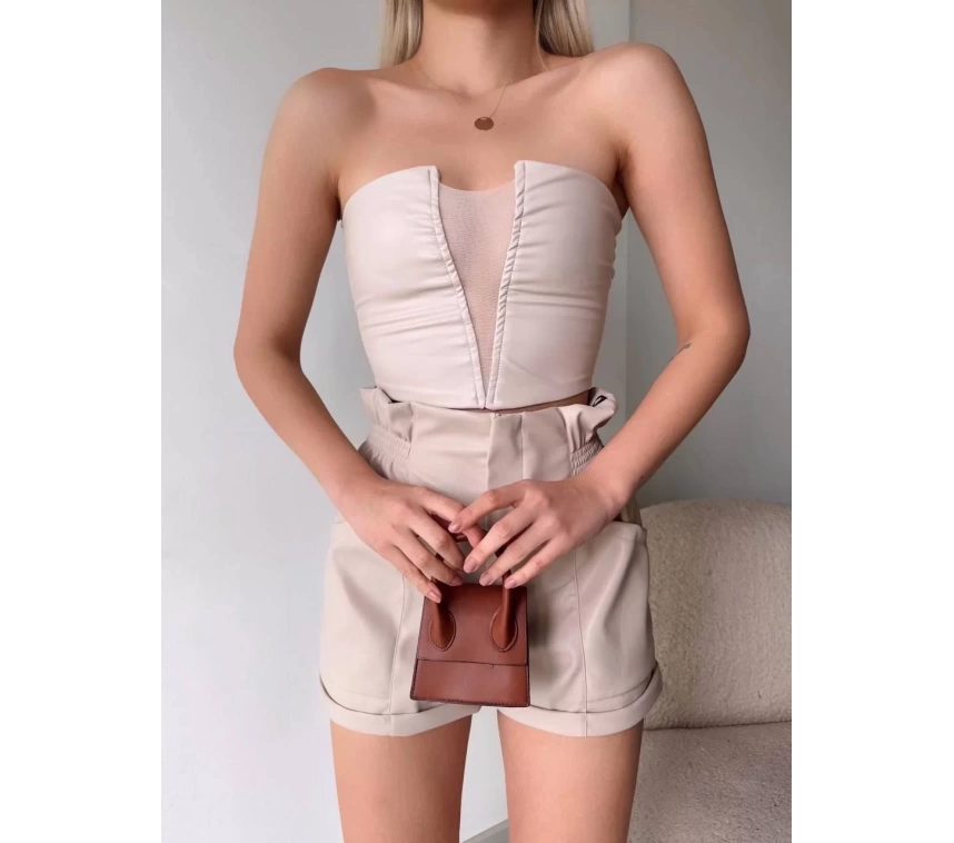 Tüllü deri crop bej w24615