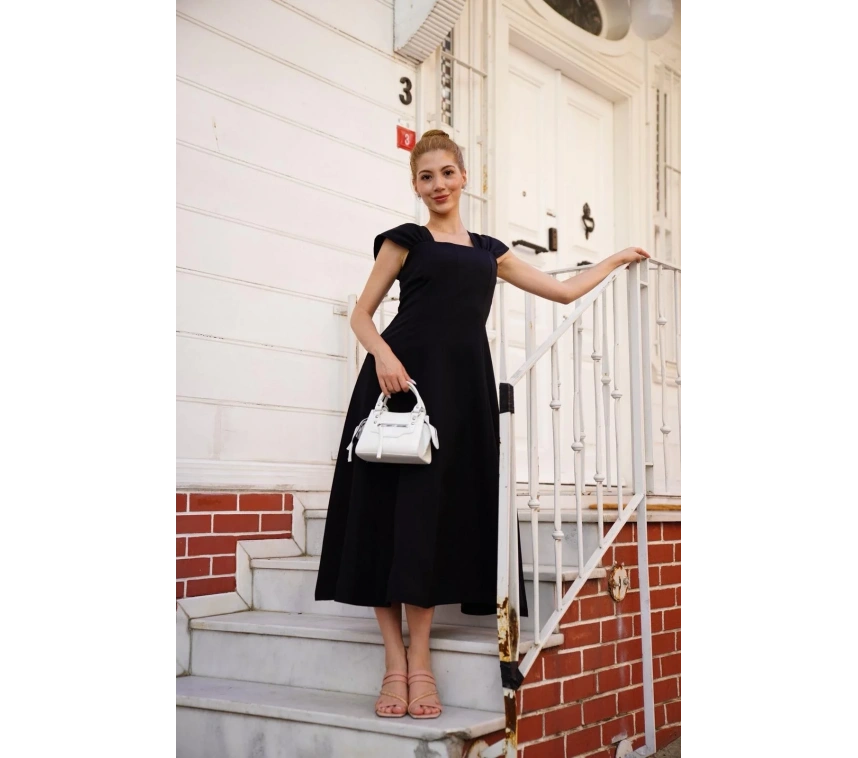 U yaka prenses elbise siyah s255101