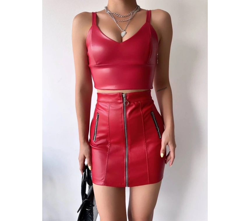 Üç fermuarlı deri etek bordo