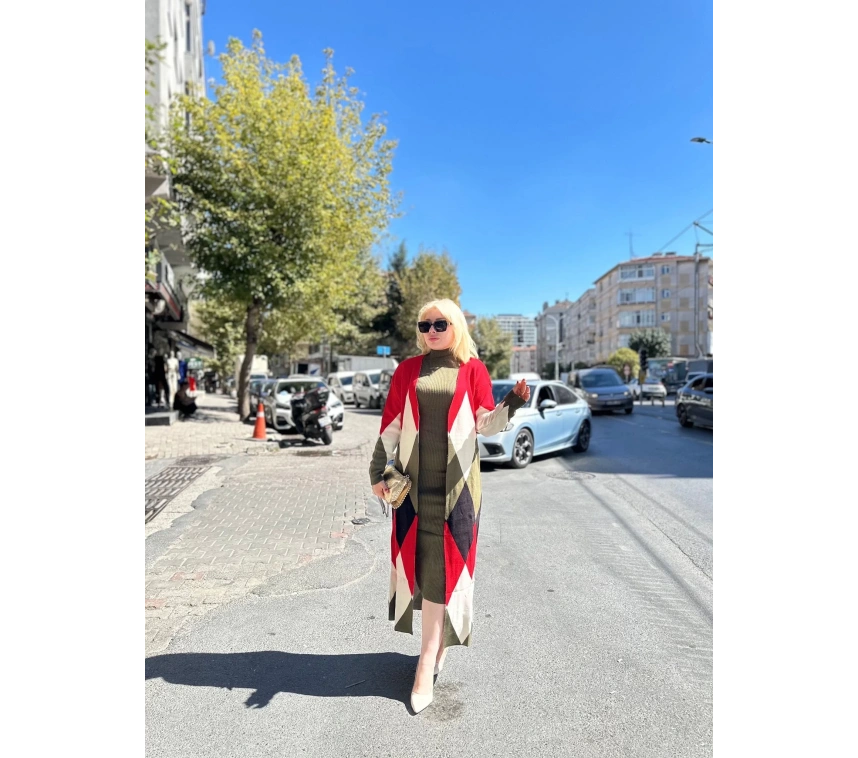 Uzun hırka içi elbise ikili triko takım ekose baklava desen haki kırmızı
