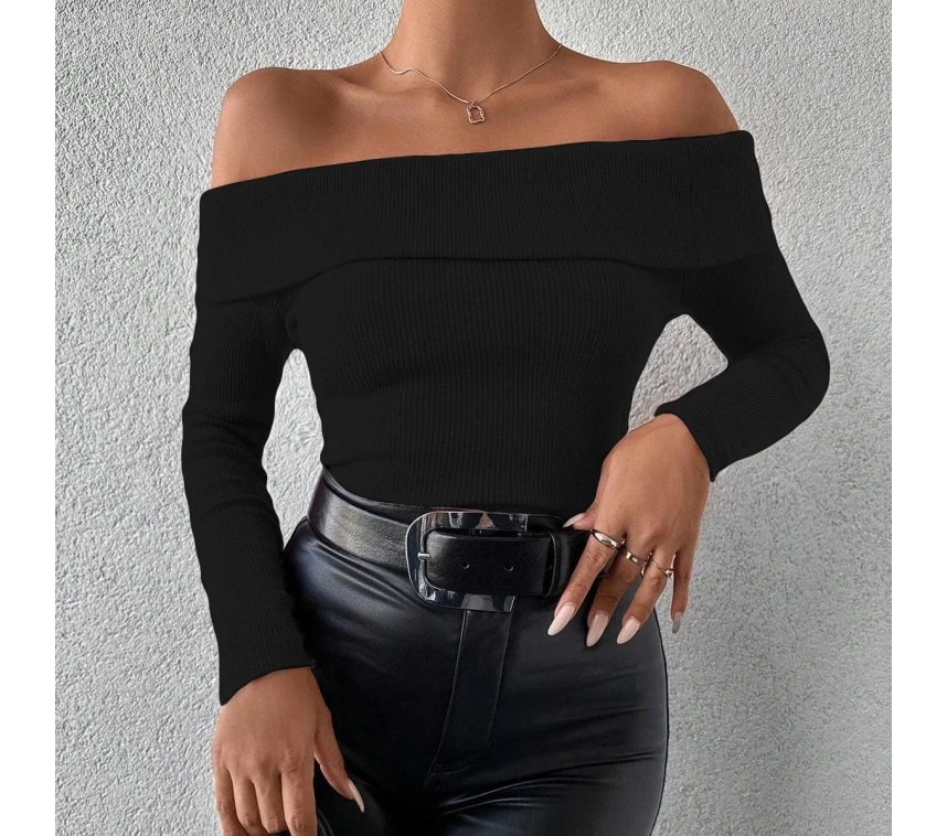 Uzun kol madonna yaka bluz siyah