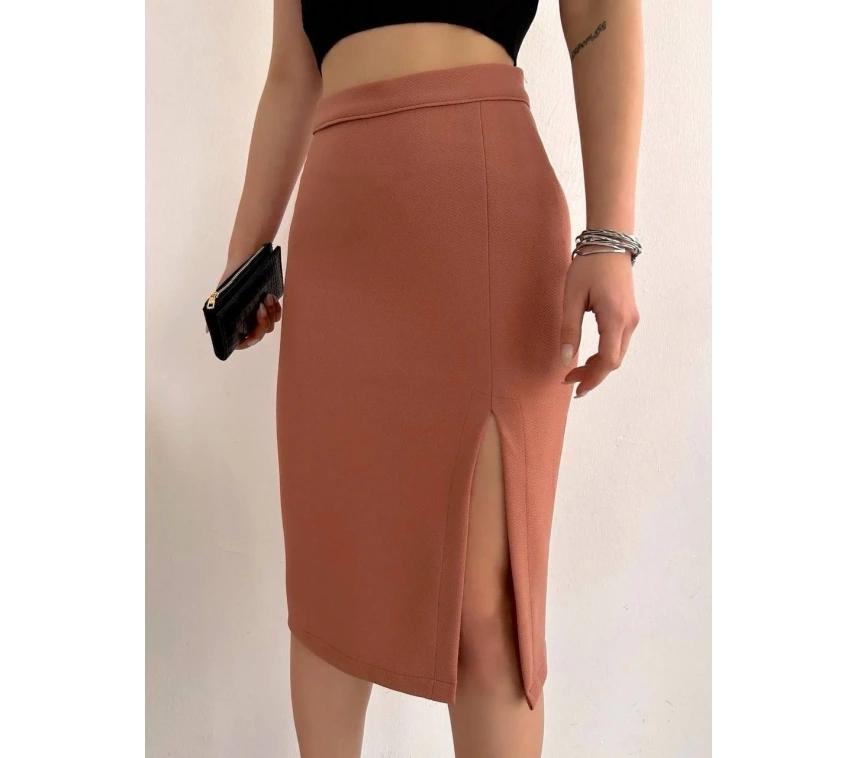 Uzun midi boy yırtmaçlı etek somon s24907